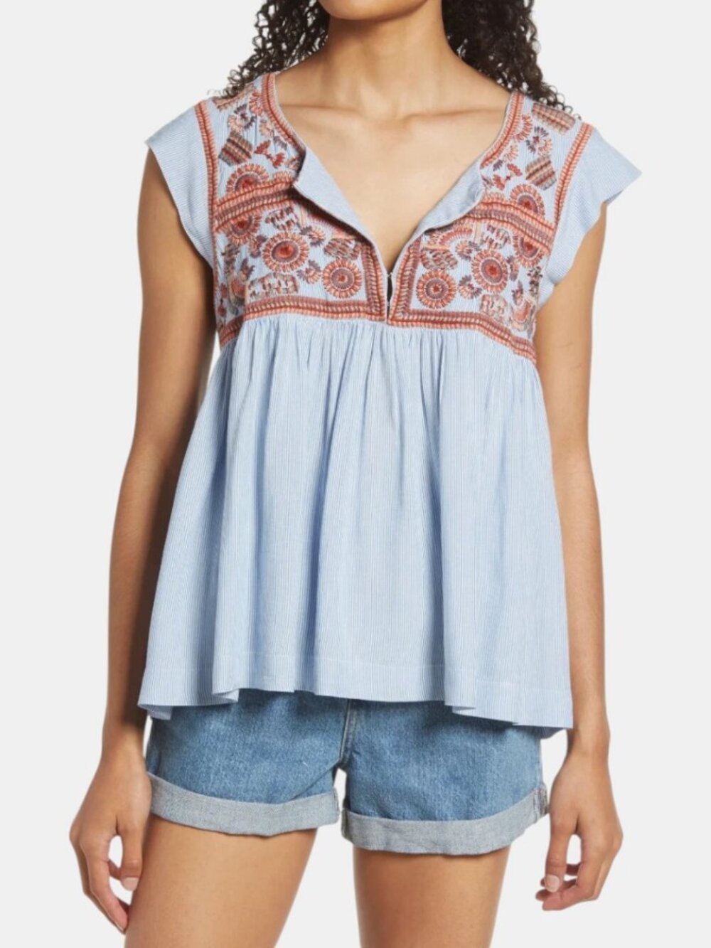 LUCKY BRAND EMBROIDERED TUNIC TOP BLUE STRIPE WOMEN'S NWOT SIZE S